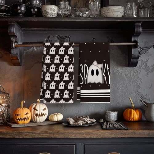 Black Ghost Halloween Kitchen Towels Set of 2 - 18x26 Microfiber Dish Hand Towels