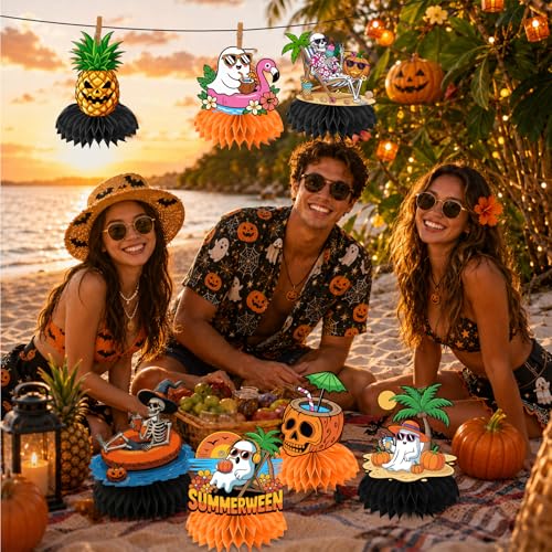 Summerween Halloween Honeycomb Centerpieces - 12 Pack, Pumpkin Ghost Skull Decor