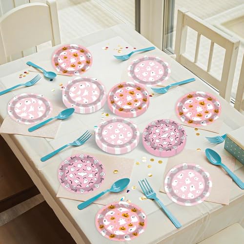Pink Halloween Ghost Disposable Paper Plates - 48 Pack, Cute Pumpkin Party Tableware