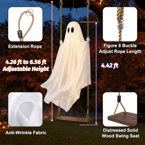 Large Outdoor Hanging Ghost Decoration with Swing, Lighted Halloween Yard Decor