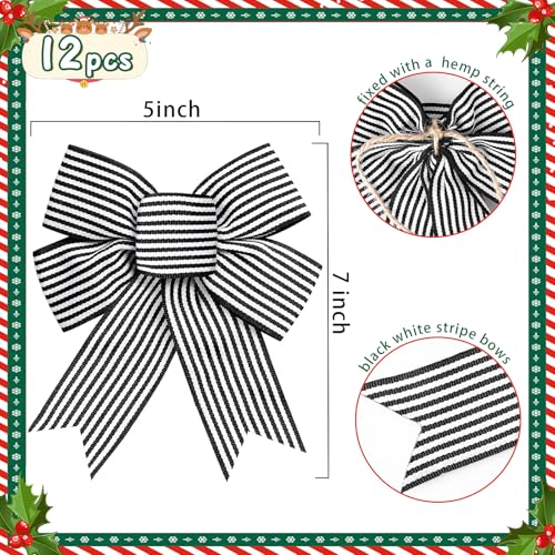 Christmas Bow Set - Black and White Striped Ribbons for Tree, Wreath & Gift Decor, 12 Pcs