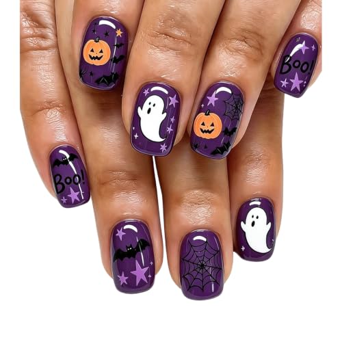 Halloween Short Square Press On Nails Set - Black Purple Ghost Pumpkin Bat Style85