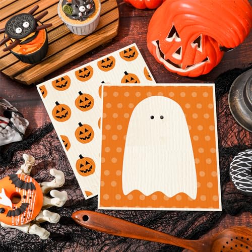 Halloween Ghost Pumpkin Swedish Dishcloths - Reusable Cotton Kitchen Towels - 4 Pack, 7x8 Inch