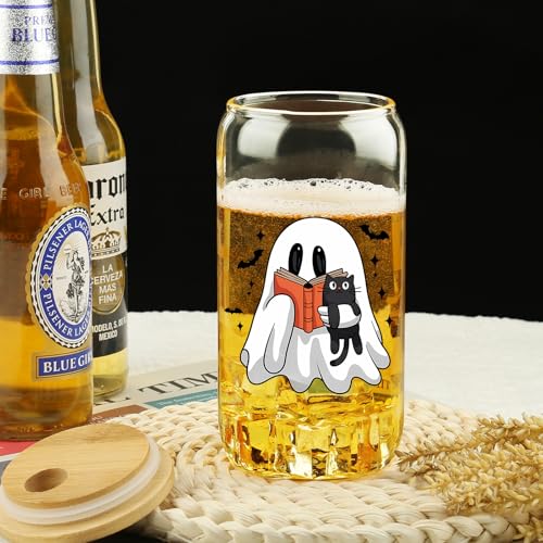 Halloween Ghost Cat Glass Cup 16Oz Iced Coffee Mug with Lids & Straws - Spooky & Cat Variation