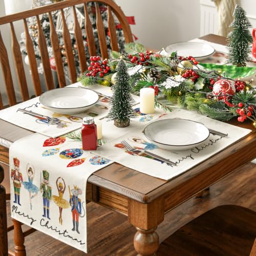 Watercolor Nutcracker Xmas Placemats Set of 4 - Holiday Table Decor 12x18 Inch
