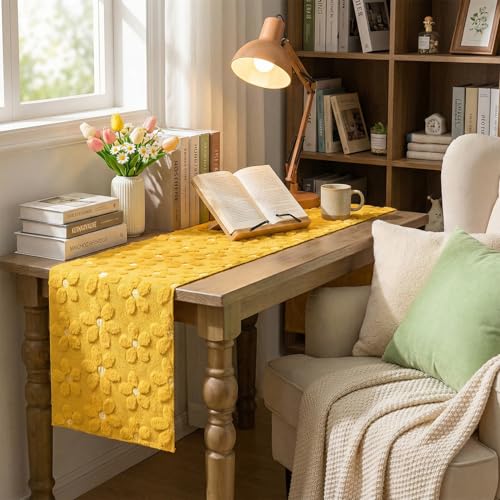 Yellow Soft Plush Faux Fur Jacquard Embroidery Daisy Table Runner 13x60 Inches — Kitchen Dining Decor