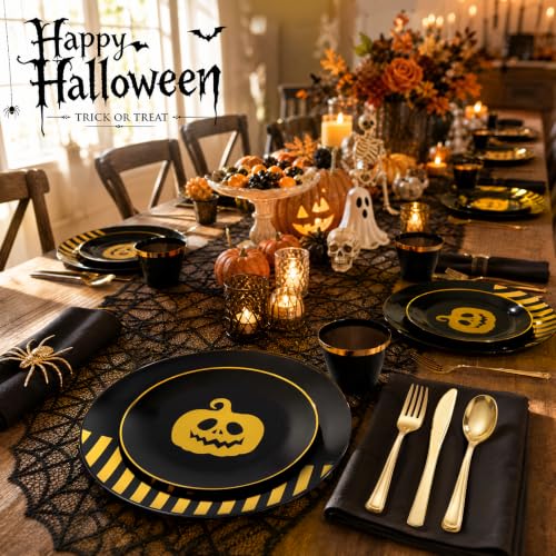 Halloween Pumpkin Party Plates & Silverware Set - Black Gold, 50 pcs
