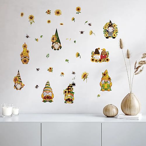 Spring Theme Window Decals - Sunflower & Gnome Stickers for Glass Walls - 8 Sheets, Reusable, Waterproof