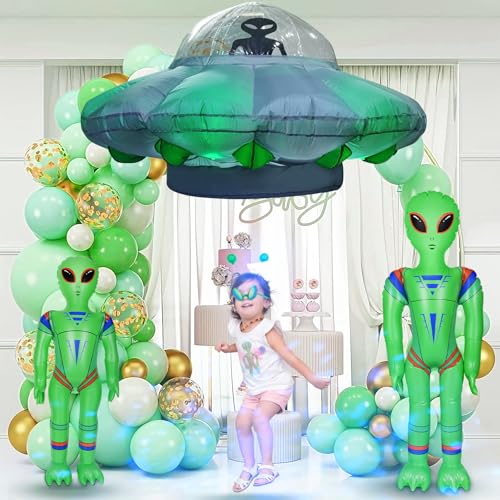 Alien Party Decorations 4.2FT Hanging UFO Cow Abduction Inflatable with 2 Jumbo Aliens & Cow - Halloween Yard Decor with LED Lights