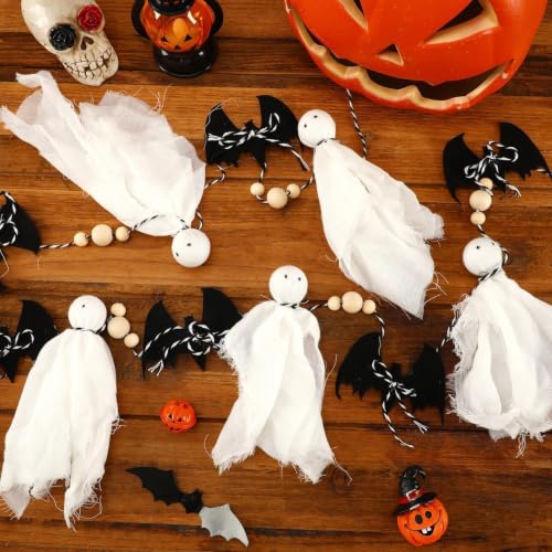 7 Ft Halloween Ghost Bat Garland with Wooden Beads, Rustic Indoor Outdoor Decor