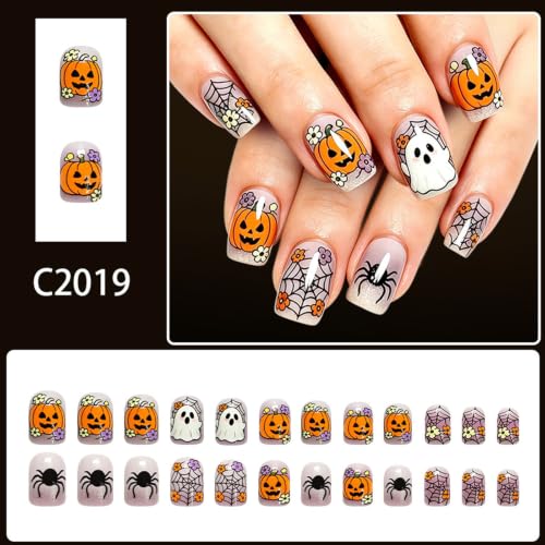 Halloween Press-On Nails Short Square with Ghost Spider Web Glitter - Light Purple 24 Pack