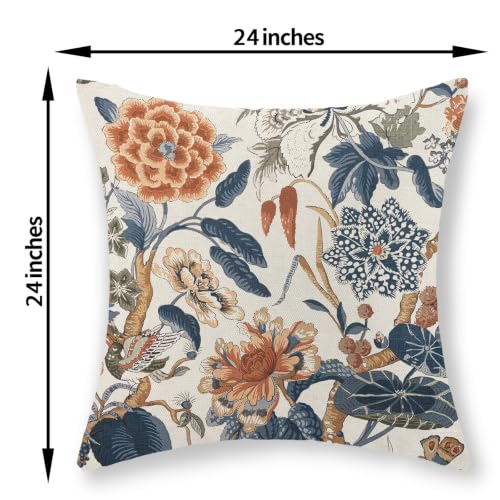 Navy Blue Orange Floral Pillow Covers Set of 2 24x24 Inch Chinoiserie Outdoor Linen