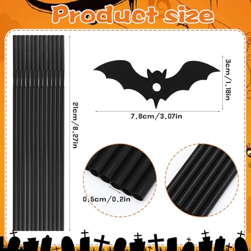 Halloween Black Glitter Bat Drinking Straws with Bat Style Toppers - 40 Pcs