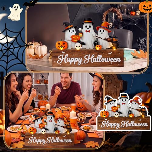 Halloween Ghost Table Decoration with LED Lights - Wooden Indoor Decor