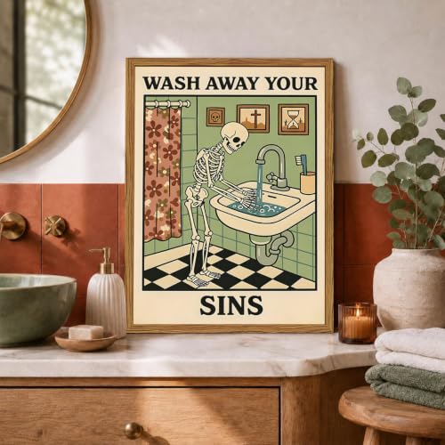Halloween Gothic Skeleton Wall Art - Framed Moody Bathroom Decor 16x24 Inches