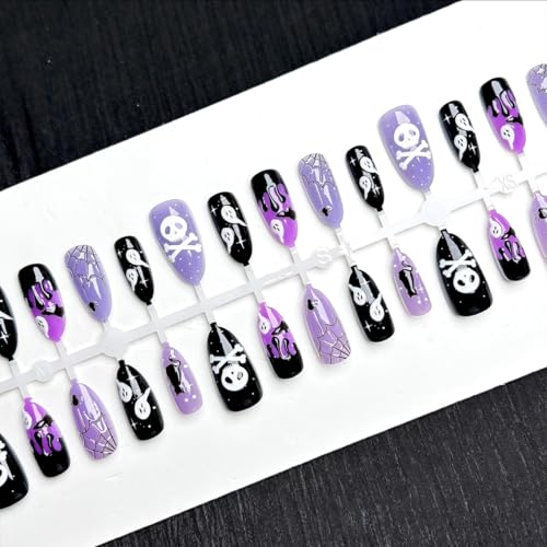 Gothic Bat Press On Nails - Halloween Fake Nails with Purple Glitter - Short Acrylic False Nails for Women - Variation: Gothic Bat 5