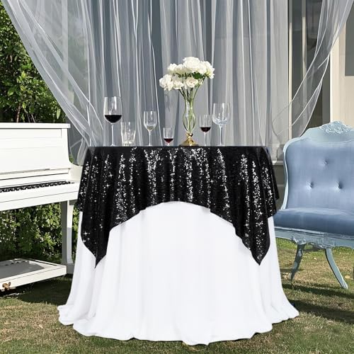 Black Sequin Square Tablecloth 50x50 Inch Sparkly Fabric Cover for Parties