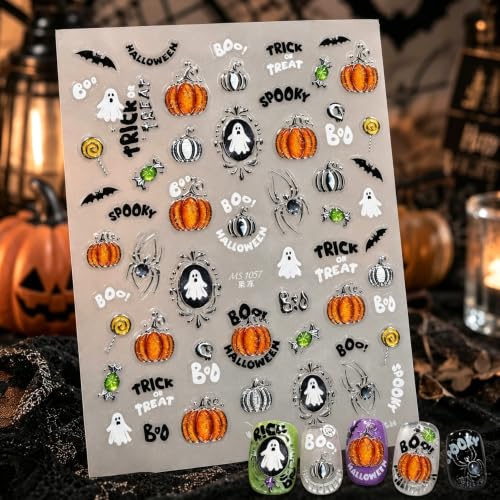 Halloween Nail Stickers for Nail Art, 5D Embossed Ghost Pumpkin Spider, Halloween01