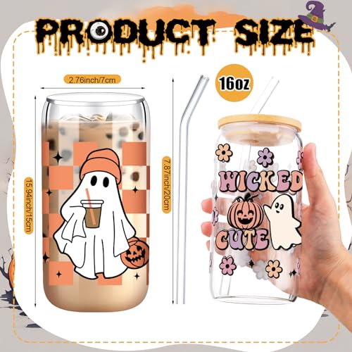 Halloween Ghost Glass Cup 16 oz with Lid & Straw - Ghost Flower Variation