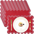 12-Pack Linen Placemats Set - Red, 13x19-inch Wavy Embroidered, Double Layer