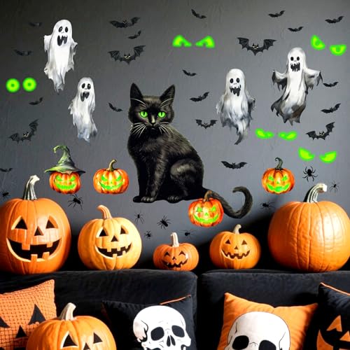 Halloween Ghost Cat Window Clings Pumpkin Bat Eyes Wall Decals - Variation of Cat Ghost