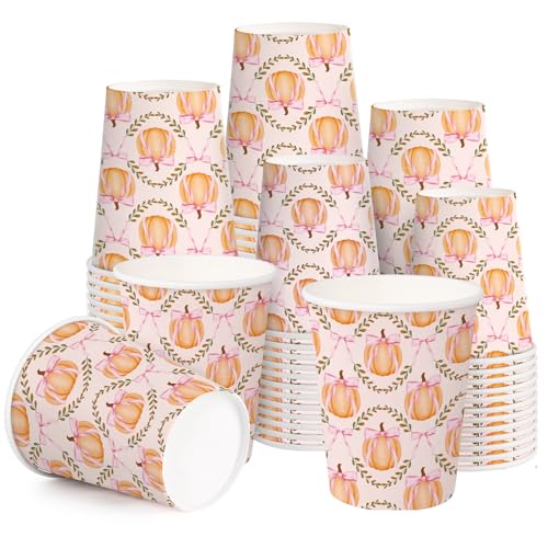 Fall Paper Cups 9oz Pink Bow Pumpkin Design - 50 Pack Disposable Drinkware for Parties