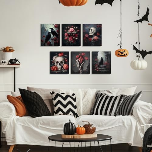 Halloween Skull & Floral Framed Canvas Wall Art Set - 8x10 Inches, Moody Dark Rose Theme, Halloween Home Decor
