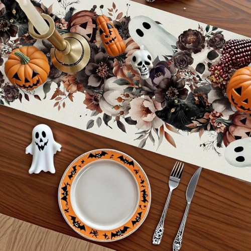 Halloween Ghost Skull Table Runner 13 x 108 Inches - Holiday Burlap Decor