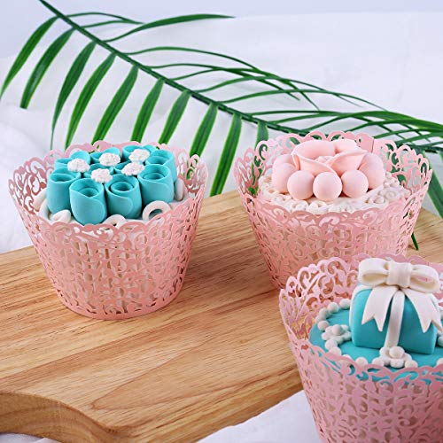Pearl Lace Filigree Wedding Cupcake Toppers - Pink, 50 pcs