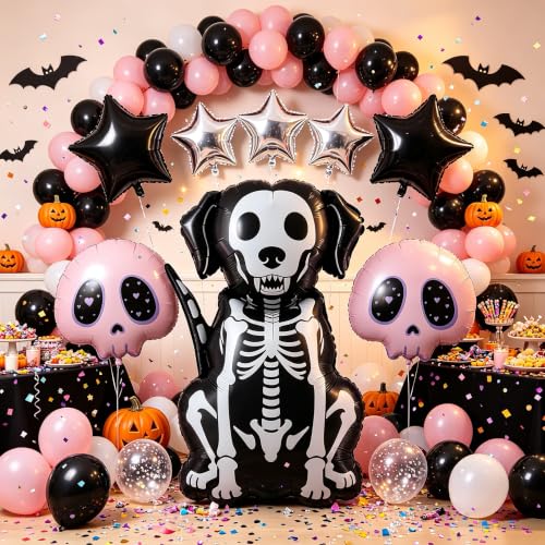 Halloween Skeleton Dog Foil Balloons Set - Pink Skull & Star Decorations