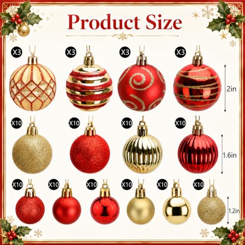 Deloky 112Pcs Red and Gold Christmas Ball Ornaments Set - Small Holiday Baubles, Shatterproof Decorations, 3 Sizes - Variation: Red & Gold