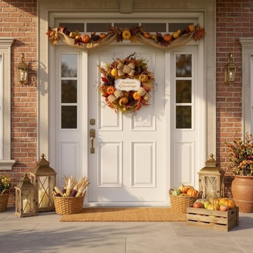 24-Inch Collapsible Pre-Lit Fall Pumpkin Wreath for Front Door
