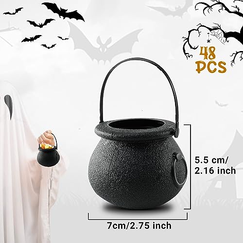 48 Pack Mini Cauldron Buckets for Halloween & Party Favors - Black Plastic Candy Holders