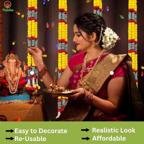 Artificial Marigold Garland 5 Pack - 5.8 Feet Decorative Hanging Garlands for Diwali, Weddings, Festive Events
