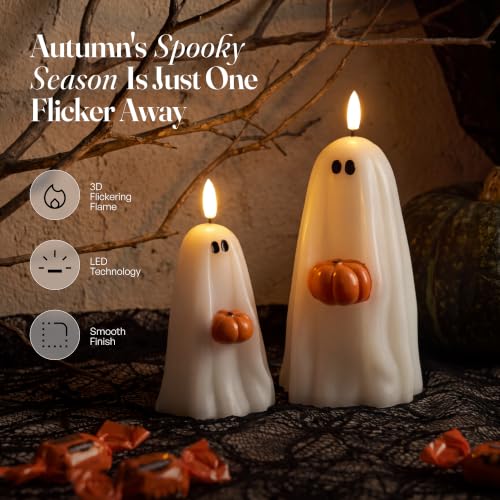 Halloween Ghost Candle Holders with Pumpkin - Flameless LED Decor, Safe & Realistic Flicker