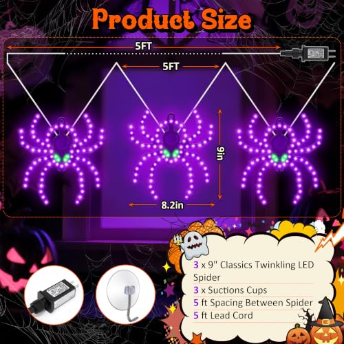 Halloween Twinkling LED Spider Lights 3 Pack - Vivid Purple & Green Outdoor Decor