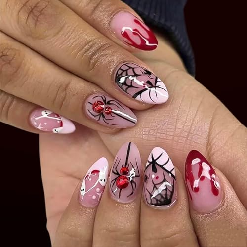 Halloween Press On Nails Medium Almond Fake Nails with Rhinestone Spider Design - Blood Ghost Style - Variation of THIS listing
