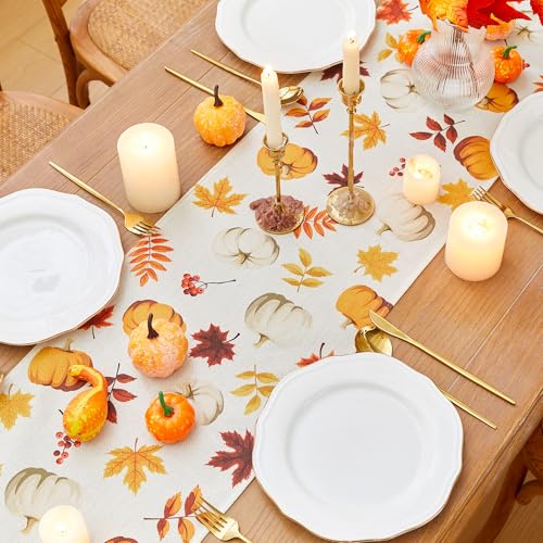 Fall Thanksgiving Table Runner - Rustic Pumpkin & Maple Leaves, Orange 13x36 Inch, Machine Washable