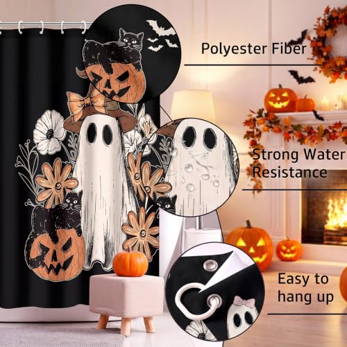 Halloween Ghost Shower Curtain Set with Witch Hat - 71x71 Inch Bathroom Decor - Ghost Pumpkin