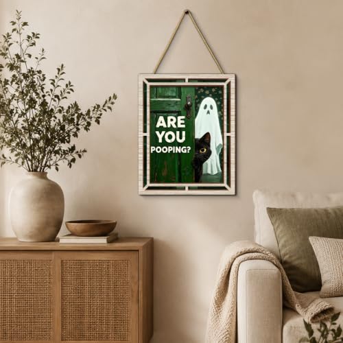 Are You Pooping? Halloween Cat Ghost Wooden Bathroom Sign - Funny Wall Decor - Are