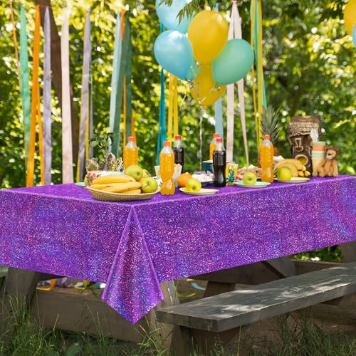 Purple Holographic Tablecloth 40x108 Inch - Shimmering Disposable Plastic Cover for Parties
