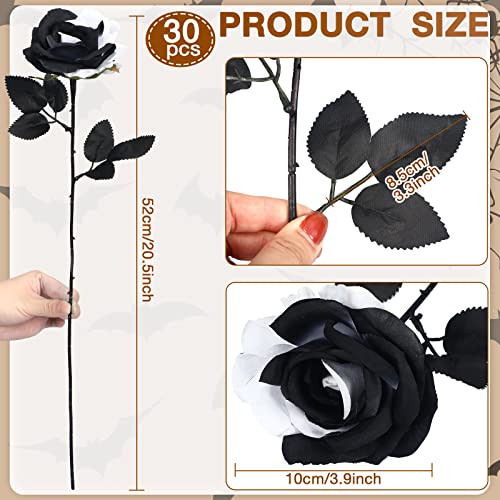 Black and White Faux Silk Rose Flowers with Long Stems - 30 Pack