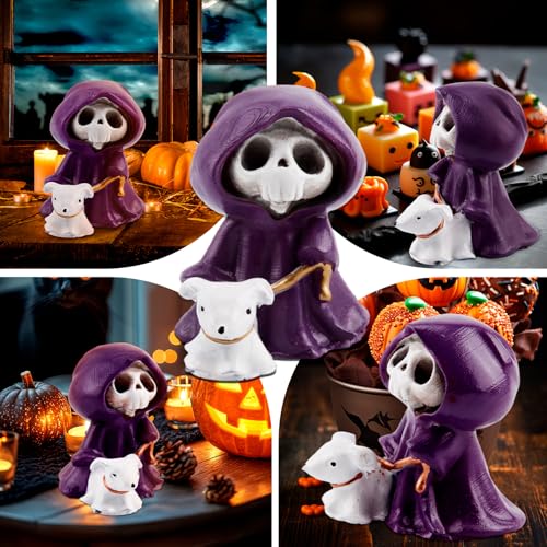 Halloween Ghost Decor Figurine - Cute Resin Spooky Statue for Home & Office, Purple & White