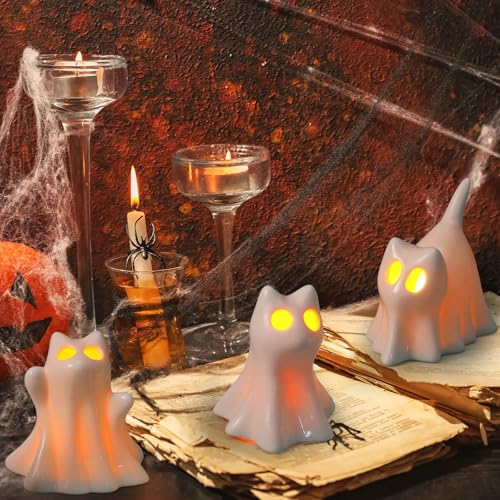 Halloween Ceramic Ghost Cat Candle Holders Set - Spooky Decor for Mantels & Tables