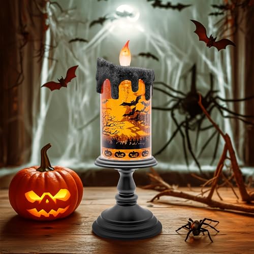Halloween Snow Globe Flameless Candle - Brown Spinning Water Lantern with Timer