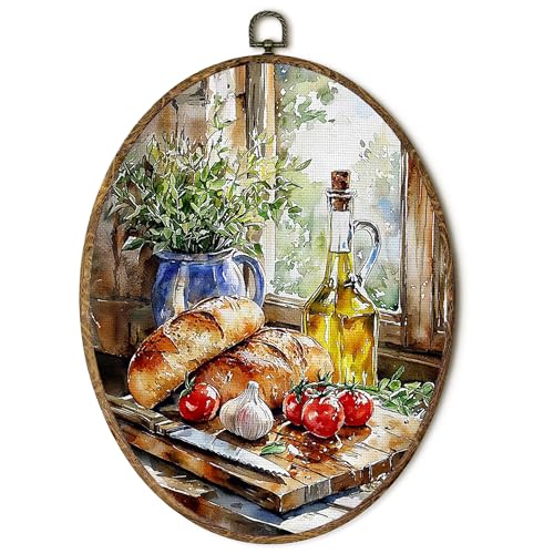 Farmhouse Oval Wall Art Canvas Prints - Bread Tomato Design, Rustic Kitchen Decor 8.5x11.5in