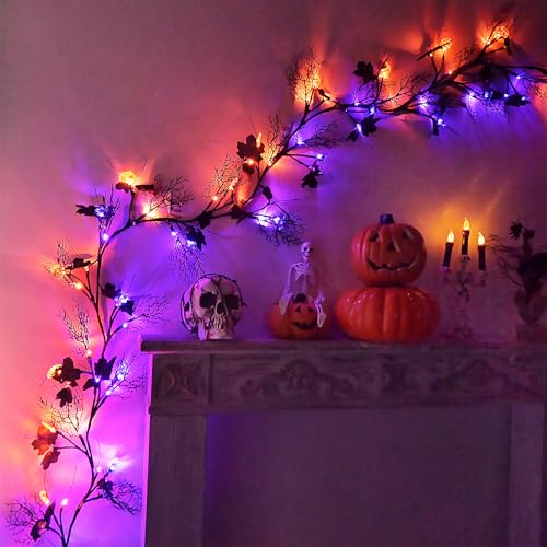 Halloween Garland with Lights 8.86FT 72LED Willow Vine Twig with Timer - Orange & Purple Pumpkins, Spiders, Leaves - Indoor Outdoor Decor
