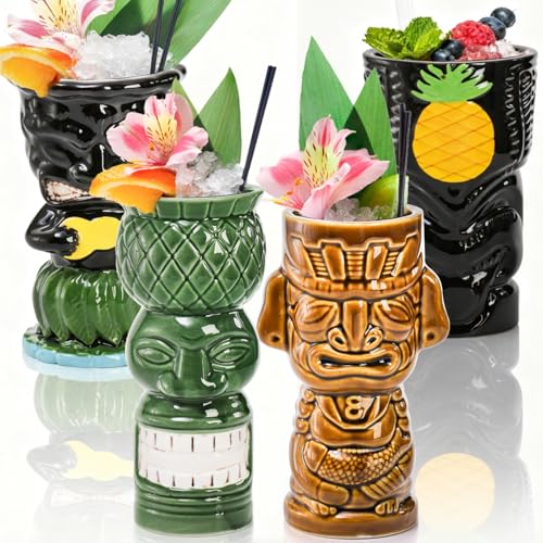 Ceramic Tiki Mug Set - Large Hawaiian Zombie Cocktail Tumblers - 4 Pack