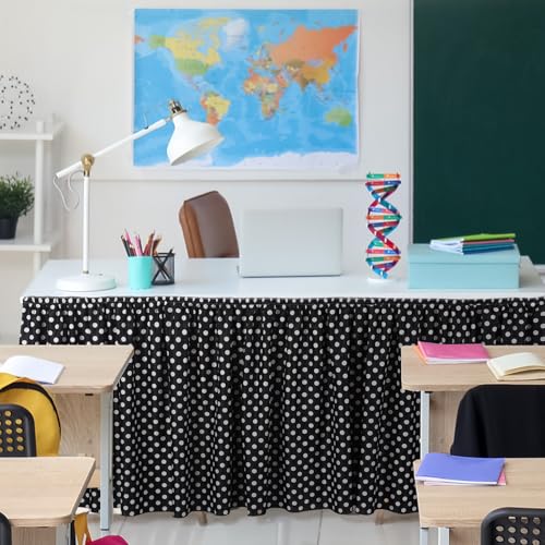 Black and White Polka Dot Table Skirt for Teacher Desks - 165 x 30 Inches, Elegant Style