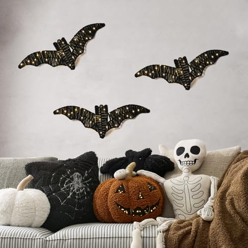 Large 3-Pack Indoor Bat Wall Decor with Lights - Spooky Halloween Decorations
